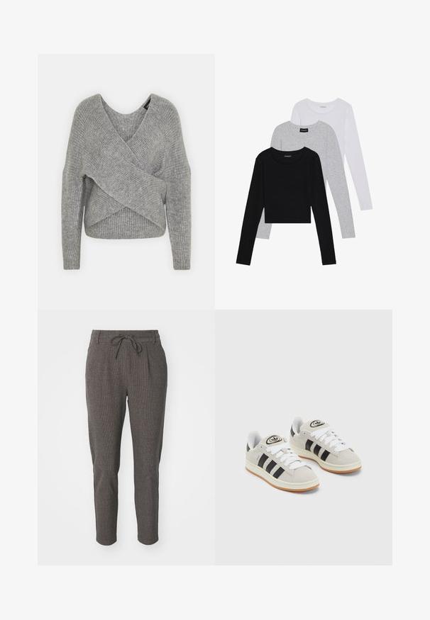 Suéter cinza envolvente com um decote em V profundo, mangas longas e textura canelada. Feito de um material de malha suave com um design assimétrico em camadas.; Três camisetas de manga longa empilhadas: preta, cinza e branca. Cada uma tem um decote redondo e um design cropped, feitas de um tecido leve e suave.; Calças cinzentas texturizadas com uma cintura de cordão, pernas ajustadas e pregas frontais para um detalhe adicional. Tecido leve, adequado para uso casual.; Tênis de camurça cinza com atacadores brancos, riscas pretas e uma sola de borracha branca. Apresenta um logótipo circular na língua e uma sola de borracha.