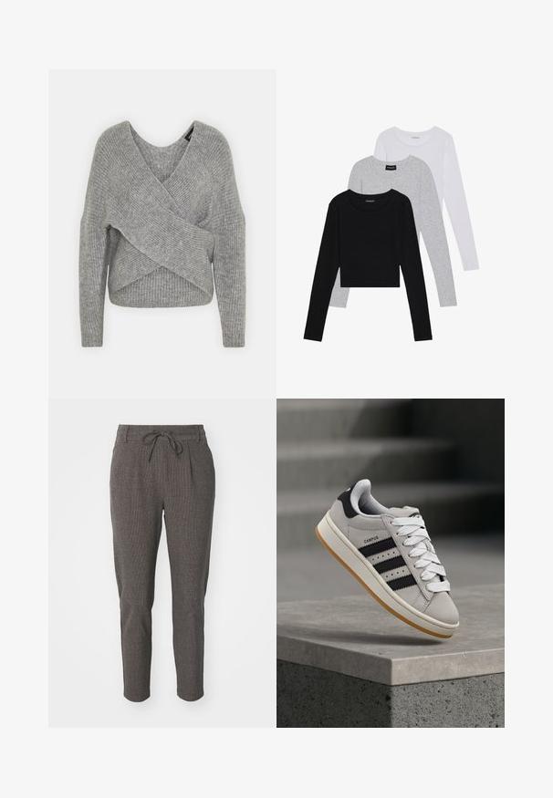 Gray wrap sweater with a deep V-neck, long sleeves, and ribbed texture. Made from a soft knit material with a layered, asymmetrical design.; Three long-sleeve tops stacked: black, grey, and white. Each has a round neckline and a cropped design with smooth, lightweight fabric.; Gray textured pants with a drawstring waist, tapered legs, and front pleats for added detail. Lightweight fabric, suitable for casual wear.; Gray Adidas Campus sneaker with black stripes and white laces floating above a concrete ledge with stairs in the background.