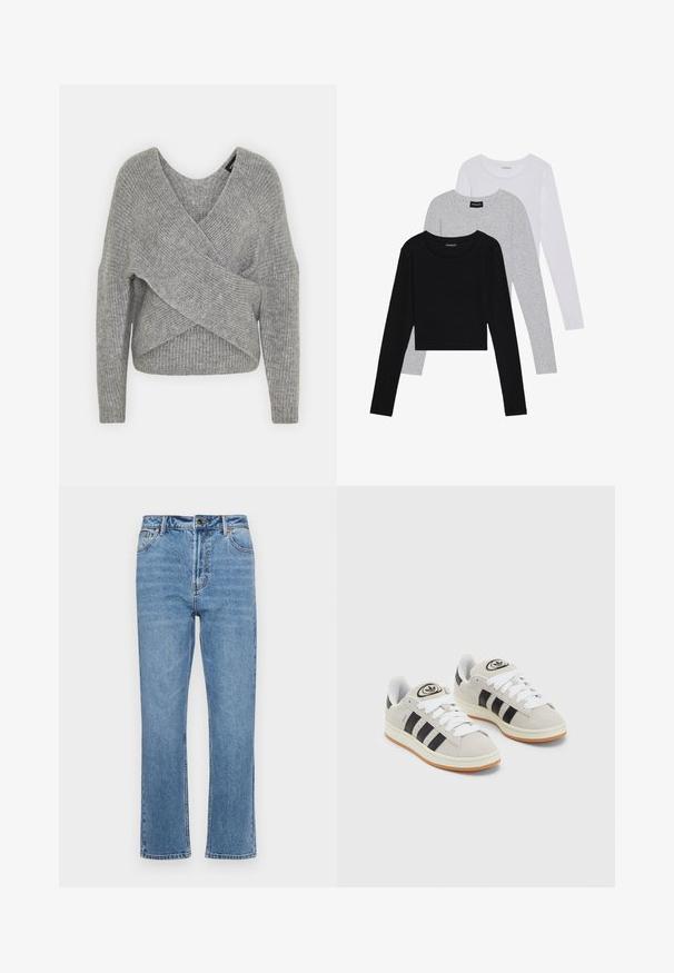 Pelēka apvalka džemperis ar dziļu V veida kakla izgriezumu, garām piedurknēm un ribu tekstūru. Izgatavots no mīksta adījuma materiāla ar slāņotu, asimetrisku dizainu.; Trīs garām piedurknēm veidotas augšdaļas, sakrautās: melna, pelēka un balta. Katram ir noapaļots kakla izgriezums un īsa dizaina forma ar gludu, vieglu audumu.; Gaiši zili džinsa bikses ar taisnu kāju griezumu, piecu kabatu dizainu, priekšējo pogu aizdari un maigu izbalējumu uz auduma.; Pelēkas zamšādas kedas ar baltām saites, melnām svītrām un baltu gumijas zoli. Raksturīga apļa logo uz mēles un gumijas zole.