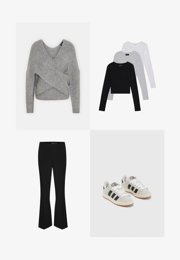 Sivý cardigan s hlbokým V- výstrihom, dlhými rukávmi a rebrovanou textúrou. Vyrobený z mäkkého pleteného materiálu s viacvrstvovým, asymetrickým dizajnom.; Tričko s dlhým rukávom v troch farbách: čiernej, sivej a bielej. Každé má okrúhly výstrih a skrátený strih vyrobený z hladkej, ľahkej tkaniny.; Čierne rozšírené nohavice z hladkej tkaniny, s priliehavým pásom a čistým dizajnom bez viditeľných zapínaní alebo ozdôb.; Sivé semišové tenisky s bielymi šnúrkami, čiernymi pruhmi a bielou gumovou podrážkou. Obsahujú okrúhly logo na jazyku a gumenú podrážku.