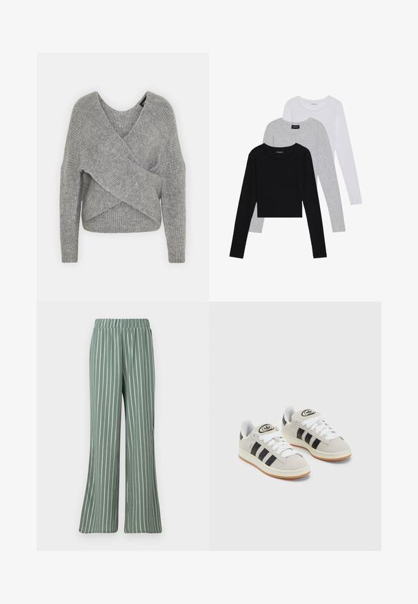 Szürke, mély V kivágású, hosszú ujjú kötött pulóver, bordás textúrával. Puha kötött anyagból készült, réteges, aszimmetrikus dizájnnal.; Három hosszú ujjú póló egymásra rakva: fekete, szürke és fehér. Mindegyiknek kerek nyaka van, és rövidített fazonnal rendelkezik, sima, könnyű anyagból készült.; Világoszöld, bordázott anyagú nadrág fehér függőleges csíkokkal. Gumis derékkal és széles szárú kialakítással rendelkezik.; Szürke velúr sportcipők fehér fűzővel, fekete csíkokkal és fehér gumitalppal. A nyelvén kör alakú logó található, illetve a talpa színes gumi.