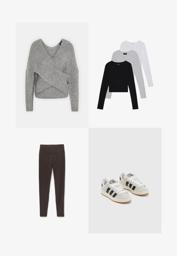 Grijze wikkeltrui met een diepe V-hals, lange mouwen en ribbelstructuur. Gemaakt van een zachte gebreide stof met een gelaagd, asymmetrisch ontwerp.; Drie langmouwige tops gestapeld: zwart, grijs en wit. Elke top heeft een ronde halslijn en een cropped ontwerp van soepel, lichtgewicht materiaal.; Bruine, passende leggings gemaakt van rekbare stof met een brede tailleband. Glad textuur, zonder patronen of zichtbare hardwaredetails.; Grijze nubucklederen sneakers met witte veters, zwarte strepen en een witte rubberen zool. Bevat een rond logo op de tong en een gumzool.