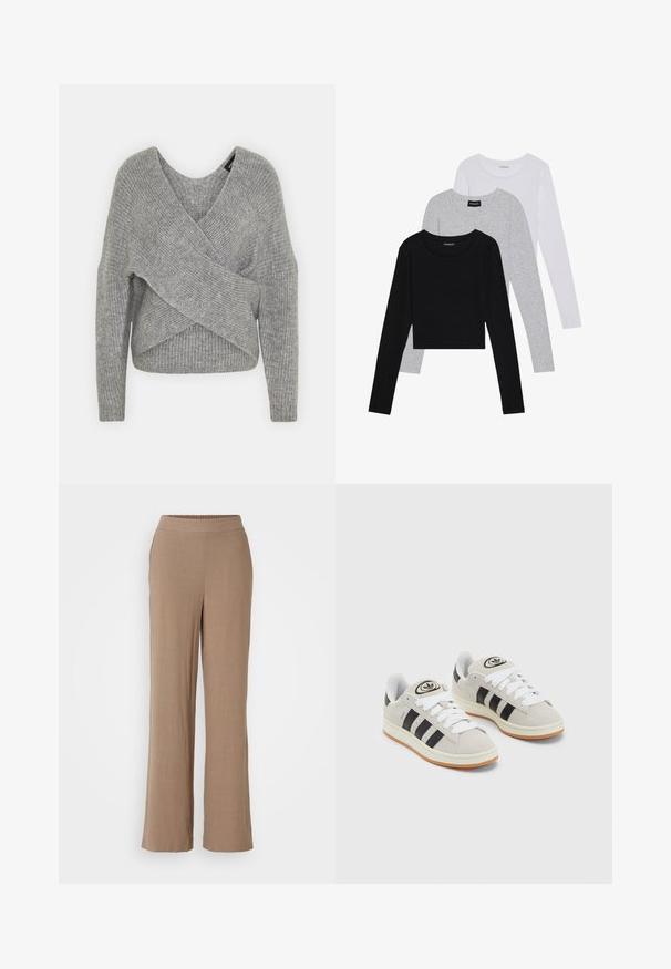 Suéter cinza envolvente com um decote em V profundo, mangas longas e textura canelada. Feito de um material de malha suave com um design assimétrico em camadas.; Três camisetas de manga longa empilhadas: preta, cinza e branca. Cada uma tem um decote redondo e um design cropped, feitas de um tecido leve e suave.; Calças largas em tom castanho claro, com uma textura suave e cintura elástica. Sem padrões visíveis ou detalhes em metal.; Tênis de camurça cinza com atacadores brancos, riscas pretas e uma sola de borracha branca. Apresenta um logótipo circular na língua e uma sola de borracha.