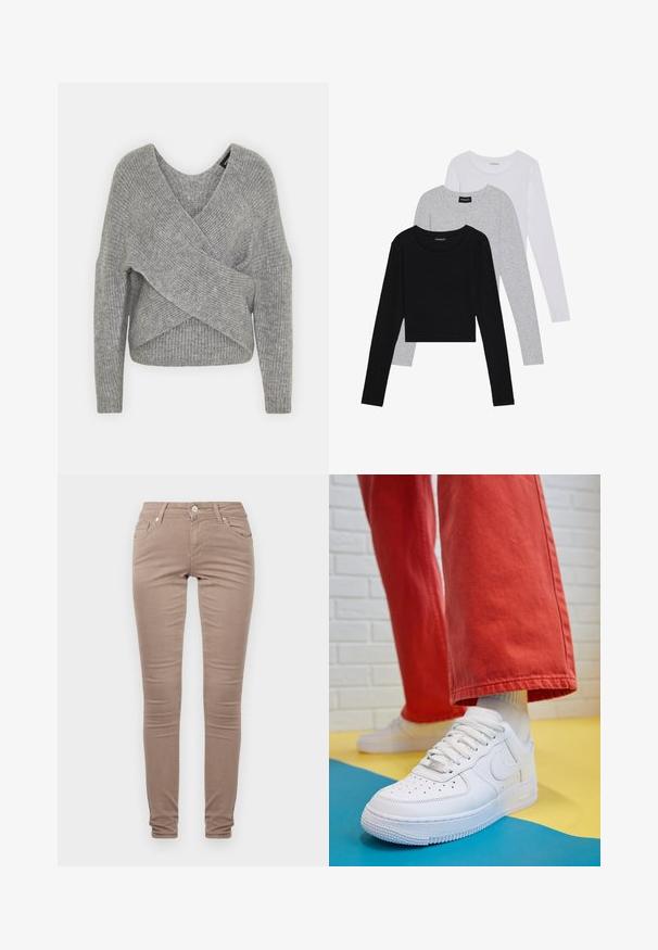 Grå omslagströja med djup V-ringning, långa ärmar och ribbad struktur. Tillverkad av ett mjukt stickat material med en lager-på-lager, asymmetrisk design.; Tre långärmade tröjor staplade: svart, grå och vit. Var och en har en rund halsringning och en kort design med mjukt, lätt material.; Smala byxor i ett ljust brunt tyg, med en klassisk femfickdesign, dragkedja och en subtil strukturerad yta.; Vita lädersneakers med perforerat tåparti, texturerad sula och vita snören, kombinerat med vida röda byxor och en blå och gul bakgrund.