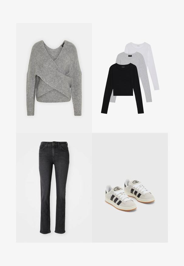 Szary sweter o luźnym kroju z głębokim dekoltem w kształcie litery V, długimi rękawami i prążkowaną teksturą. Wykonany z miękkiego materiału dzianinowego z warstwowym, asymetrycznym wzorem.; Trzy bluzki z długim rękawem ułożone jedna na drugiej: czarna, szara i biała. Każda z okrągłym dekoltem i skróconym fasonem, wykonana z gładkiego, lekkiego materiału.; Czarne dżinsy o prostym kroju z przednimi i tylnymi kieszeniami, szlufkami na pasek oraz z zapięciem na guzik i zamek.; Szare zamszowe trampki z białymi sznurówkami, czarnymi paskami i białą gumową podeszwą. Posiadają okrągłe logo na języku oraz gumową podeszwę.