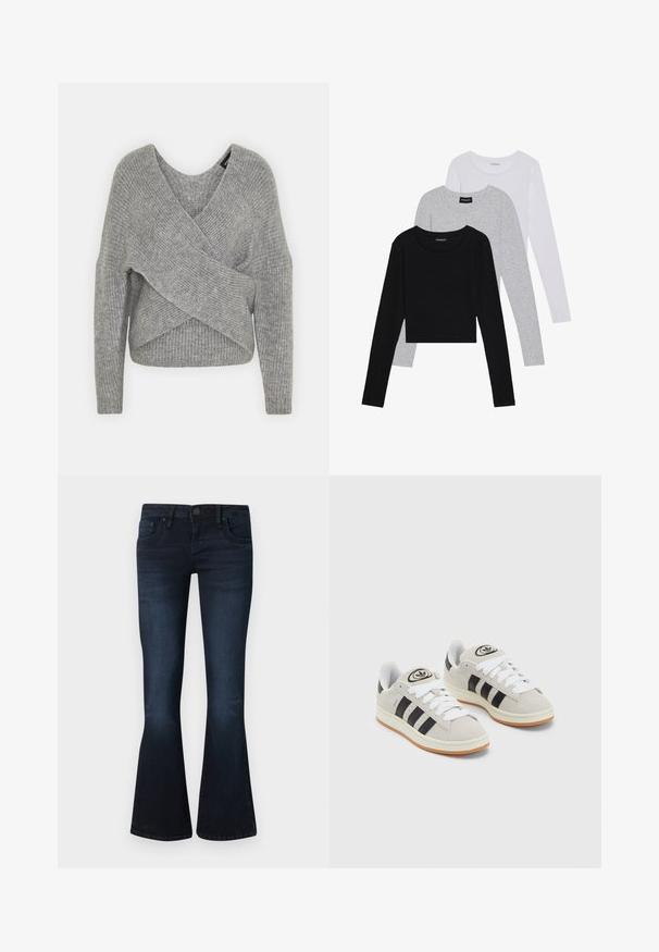 Suéter cinza envolvente com um decote em V profundo, mangas longas e textura canelada. Feito de um material de malha suave com um design assimétrico em camadas.; Três camisetas de manga longa empilhadas: preta, cinza e branca. Cada uma tem um decote redondo e um design cropped, feitas de um tecido leve e suave.; Jeans bootcut femininos em azul escuro com botão frontal, design de cinco bolsos e leve desbotamento nas coxas e joelhos, contra um fundo simples.; Tênis de camurça cinza com atacadores brancos, riscas pretas e uma sola de borracha branca. Apresenta um logótipo circular na língua e uma sola de borracha.