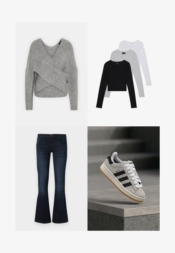 Gray wrap sweater with a deep V-neck, long sleeves, and ribbed texture. Made from a soft knit material with a layered, asymmetrical design.; Three long-sleeve tops stacked: black, grey, and white. Each has a round neckline and a cropped design with smooth, lightweight fabric.; Dark blue women's bootcut jeans with front button, five-pocket design, and slight fading on thighs and knees against a plain background.; Gray Adidas Campus sneaker with black stripes and white laces floating above a concrete ledge with stairs in the background.