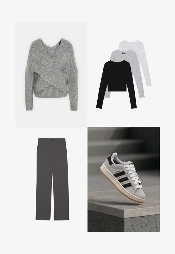 Maglione avvolgente grigio con scollatura a V profonda, maniche lunghe e texture a coste. Realizzato in un morbido materiale in maglia con un design asimmetrico a strati.; Tre magliette a maniche lunghe impilate: nera, grigia e bianca. Ognuna ha un colletto rotondo e un design accorciato con tessuto morbido e leggero.; Pantaloni grigi con un design a gamba dritta, dotati di due tasche laterali e chiusura con bottone. Tessuto liscio senza motivi o accenti visibili.; Sneaker Adidas Campus grigia con strisce nere e lacci bianchi che fluttua sopra un bordo in cemento con scale sullo sfondo.