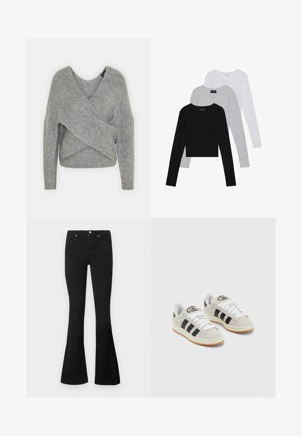Grå omslagssweater med dyp V-hals, lange ermer og ribbestruktur. Laget av et mykt strikket materiale med et lagdelt, asymmetrisk design.; Tre lange ermer t-skjorter stablet: svart, grå og hvit. Hver har en rund hals og et kort design med glatt, lett stoff.; Sorte høye midjejeans med bred bunn, front knapp og glidelås-lukking, og fem-lomme stil på en hvit bakgrunn.; Grå semsket sneakers med hvite lisser, svarte striper og en hvit gummisåle. Har en sirkulær logo på tungen og en gummisåle.