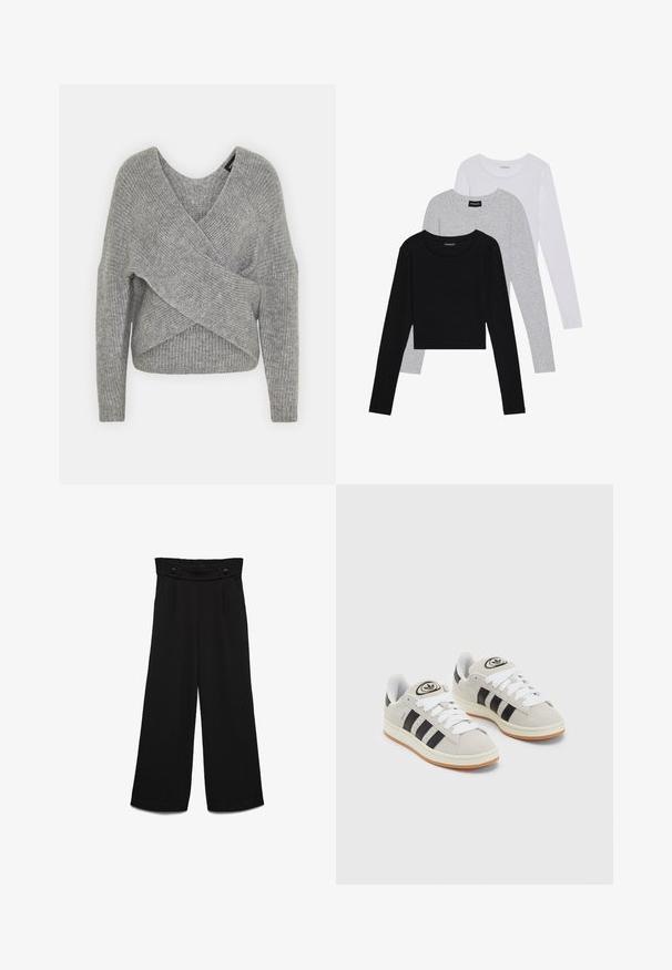 Hallide hallhargus, sügava V-kaelusega, pikkade varrukatega ja ribatrepiga. Valmistatud pehmest kudumismetallist, millel on kihiline, asümmeetriline disain.; Kolm pikkade varrukatega toppi, mis on üksteise peale asetatud: must, hall ja valge. Igal ühel on ümar kaelus ja lühike disain, valmistatud siledast, kergekaalulisest kangast.; Mustad laia säärega püksid kõrge vöökohaga, kahel ees nupul ja siledal pinnal. Sirge lõige esil voltidega.; Hallid hallid nahkrennid valgete paeltega, mustade triipudega ja valge kummitaldiga. Omab ümmargust logo keeles ja kummitalda.