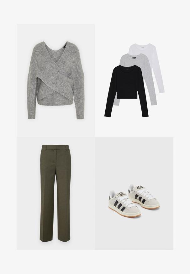 Pilkas aptraukiamas megztinis su giliu V formos iškirpimu, ilgomis rankovėmis ir riešutiniu tekstūru. Pagamintas iš minkštos megztos medžiagos su sluoksniuota, asimetrine konstrukcija.; Trijų ilgomis rankovėmis marškinėlių krūva: juodas, pilkas ir baltas. Kiekvienas turi apvalų iškirpimą ir trumpą dizainą, pagamintas iš lygaus, lengvo audinio.; Alyvuogių žalios spalvos pritaikytos kelnės, pagamintos iš tekstūruoto audinio. Turi tiesų kojos dizainą su lygiu priekiu ir jokių matomų puošmenų.; Grynos zomšos sneakeriai su baltais raišteliais, juodomis juostelėmis ir balta gumine sole. Turintys apskritą logotipą ant liežuvėlio ir guminę sole.