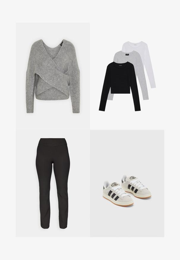 Sivý cardigan s hlbokým V- výstrihom, dlhými rukávmi a rebrovanou textúrou. Vyrobený z mäkkého pleteného materiálu s viacvrstvovým, asymetrickým dizajnom.; Tričko s dlhým rukávom v troch farbách: čiernej, sivej a bielej. Každé má okrúhly výstrih a skrátený strih vyrobený z hladkej, ľahkej tkaniny.; Čierne slim-fit nohavice vyrobené z elastického materiálu. Obsahujú vysoký pás a rovný strih, s hladkou textúrou a bez viditeľných vzorov.; Sivé semišové tenisky s bielymi šnúrkami, čiernymi pruhmi a bielou gumovou podrážkou. Obsahujú okrúhly logo na jazyku a gumenú podrážku.