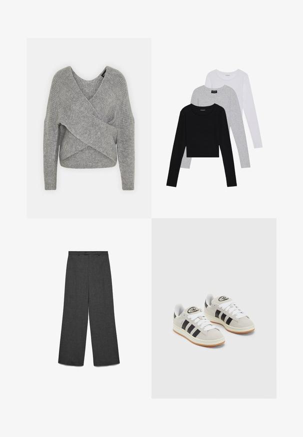 Sivý cardigan s hlbokým V- výstrihom, dlhými rukávmi a rebrovanou textúrou. Vyrobený z mäkkého pleteného materiálu s viacvrstvovým, asymetrickým dizajnom.; Tričko s dlhým rukávom v troch farbách: čiernej, sivej a bielej. Každé má okrúhly výstrih a skrátený strih vyrobený z hladkej, ľahkej tkaniny.; Nohavice so širokými nohavicami z tmavosivej látky, s zapínaním na gombík, hladkým predným dielom a vertikálnou textúrou. Priamy strih s minimálnymi detailmi.; Sivé semišové tenisky s bielymi šnúrkami, čiernymi pruhmi a bielou gumovou podrážkou. Obsahujú okrúhly logo na jazyku a gumenú podrážku.