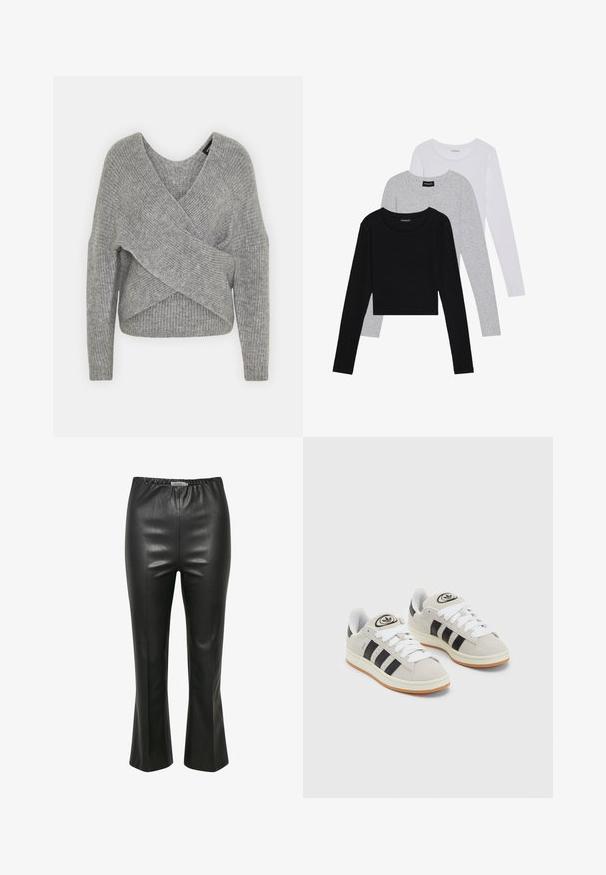 Harmaa neulejakku, jossa on syvä V-kaula-aukko, pitkät hihat ja ribboitu pinta. Valmistettu pehmeästä neuloksesta, jossa on kerroksellinen ja epäsymmetrinen muotoilu.; Kolme pitkähihasta paita päällekkäin: musta, harmaa ja valkoinen. Jokaisessa on pyöreä pääntie ja lyhennetty muotoilu, jossa on sileä ja kevyt kangas.; Musta tekonahka housut, joissa on sileä pinta, joustava vyötärö ja levenevä lahje, ja joissa on pystysaumat.; Harmaat mokkasiinikenkä, joissa on valkoiset nauhat, mustat raidat ja valkoinen kumipohja. Kantajassa on pyöreä logo ja vaaleanruskea pohja.