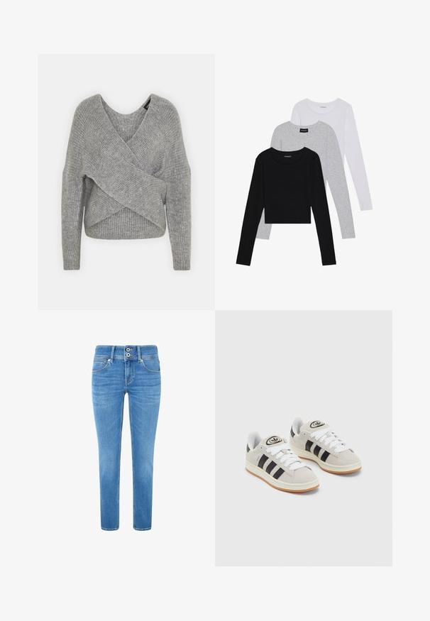 Szürke, mély V kivágású, hosszú ujjú kötött pulóver, bordás textúrával. Puha kötött anyagból készült, réteges, aszimmetrikus dizájnnal.; Három hosszú ujjú póló egymásra rakva: fekete, szürke és fehér. Mindegyiknek kerek nyaka van, és rövidített fazonnal rendelkezik, sima, könnyű anyagból készült.; Világoskék, egyenes szabású farmernadrág, denim anyagból készült. Két gomb található a deréknál, diszkrét kopásnyomokkal és öt zsebes kialakítással rendelkezik.; Szürke velúr sportcipők fehér fűzővel, fekete csíkokkal és fehér gumitalppal. A nyelvén kör alakú logó található, illetve a talpa színes gumi.