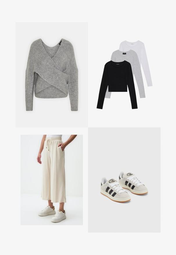 Grijze wikkeltrui met een diepe V-hals, lange mouwen en ribbelstructuur. Gemaakt van een zachte gebreide stof met een gelaagd, asymmetrisch ontwerp.; Drie langmouwige tops gestapeld: zwart, grijs en wit. Elke top heeft een ronde halslijn en een cropped ontwerp van soepel, lichtgewicht materiaal.; Crème wijde broek met een elastische tailleband en trekkoorddetail. Voorzien van zijzakken en een zachte, gladde textuur. Gecombineerd met witte sneakers.; Grijze nubucklederen sneakers met witte veters, zwarte strepen en een witte rubberen zool. Bevat een rond logo op de tong en een gumzool.