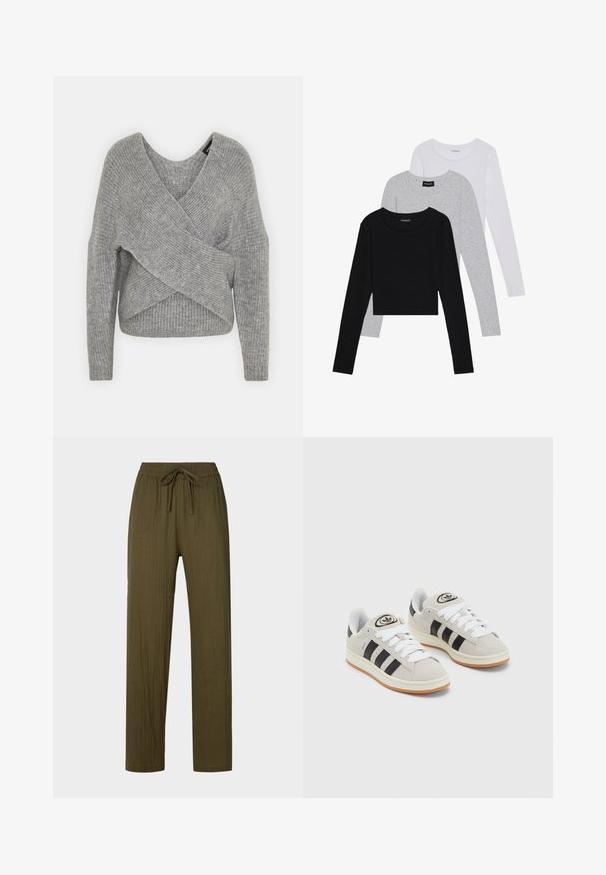 Szürke, mély V kivágású, hosszú ujjú kötött pulóver, bordás textúrával. Puha kötött anyagból készült, réteges, aszimmetrikus dizájnnal.; Három hosszú ujjú póló egymásra rakva: fekete, szürke és fehér. Mindegyiknek kerek nyaka van, és rövidített fazonnal rendelkezik, sima, könnyű anyagból készült.; Olívazöld, redőzött, könnyű nadrág, állítható derékkal és egyenes lábbal. Az anyag puha, texturált felületű.; Szürke velúr sportcipők fehér fűzővel, fekete csíkokkal és fehér gumitalppal. A nyelvén kör alakú logó található, illetve a talpa színes gumi.