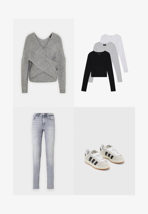Pelēka apvalka džemperis ar dziļu V veida kakla izgriezumu, garām piedurknēm un ribu tekstūru. Izgatavots no mīksta adījuma materiāla ar slāņotu, asimetrisku dizainu.; Trīs garām piedurknēm veidotas augšdaļas, sakrautās: melna, pelēka un balta. Katram ir noapaļots kakla izgriezums un īsa dizaina forma ar gludu, vieglu audumu.; Gai pelēki šauri džinsi, kas izgatavoti no denima, ar augstu jostu, jostu cilpām un klasisko piecu kabatu dizainu ar viegli manāmu izbalēšanu.; Pelēkas zamšādas kedas ar baltām saites, melnām svītrām un baltu gumijas zoli. Raksturīga apļa logo uz mēles un gumijas zole.