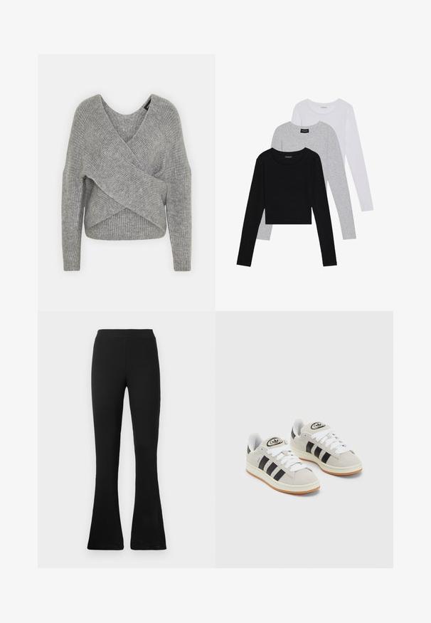 Pelēka apvalka džemperis ar dziļu V veida kakla izgriezumu, garām piedurknēm un ribu tekstūru. Izgatavots no mīksta adījuma materiāla ar slāņotu, asimetrisku dizainu.; Trīs garām piedurknēm veidotas augšdaļas, sakrautās: melna, pelēka un balta. Katram ir noapaļots kakla izgriezums un īsa dizaina forma ar gludu, vieglu audumu.; Melni riboti plati audumi ar augsto jostasvietu. Mīksts, elastīgs materiāls nodrošina pieguļošu siluetu un platas maliņas, kas piešķir stilīgu un ērtu izskatu.; Pelēkas zamšādas kedas ar baltām saites, melnām svītrām un baltu gumijas zoli. Raksturīga apļa logo uz mēles un gumijas zole.