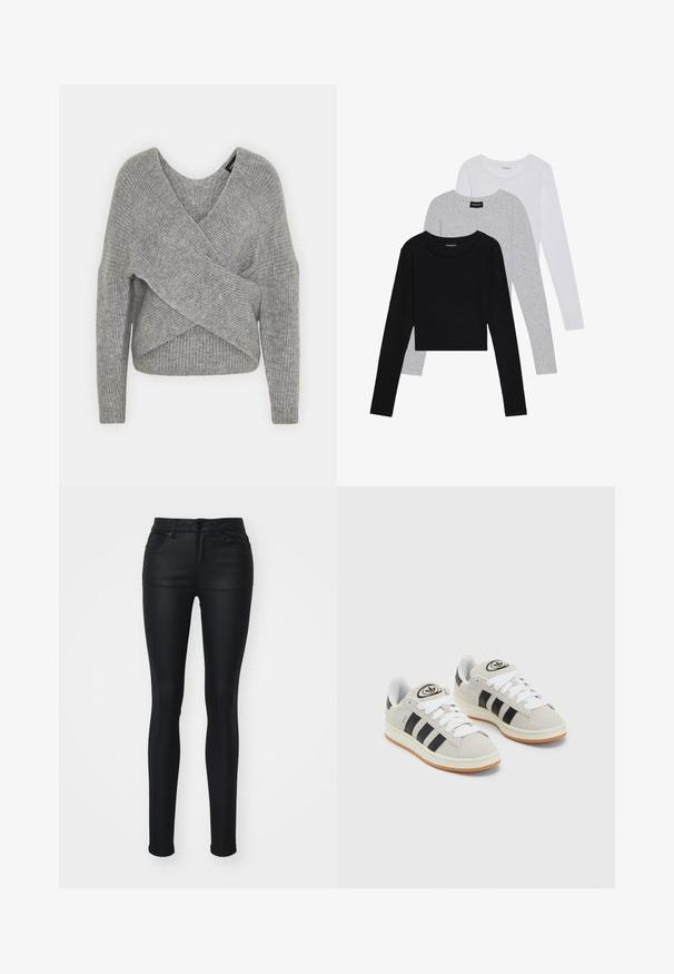Sivý cardigan s hlbokým V- výstrihom, dlhými rukávmi a rebrovanou textúrou. Vyrobený z mäkkého pleteného materiálu s viacvrstvovým, asymetrickým dizajnom.; Tričko s dlhým rukávom v troch farbách: čiernej, sivej a bielej. Každé má okrúhly výstrih a skrátený strih vyrobený z hladkej, ľahkej tkaniny.; Čierne skinny jeans vyrobené z hladkého, pružného denimu. Majú stredne vysoký pás, päť vreciek a pútka na opasok. Klasický dizajn s piatimi vreckami.; Sivé semišové tenisky s bielymi šnúrkami, čiernymi pruhmi a bielou gumovou podrážkou. Obsahujú okrúhly logo na jazyku a gumenú podrážku.