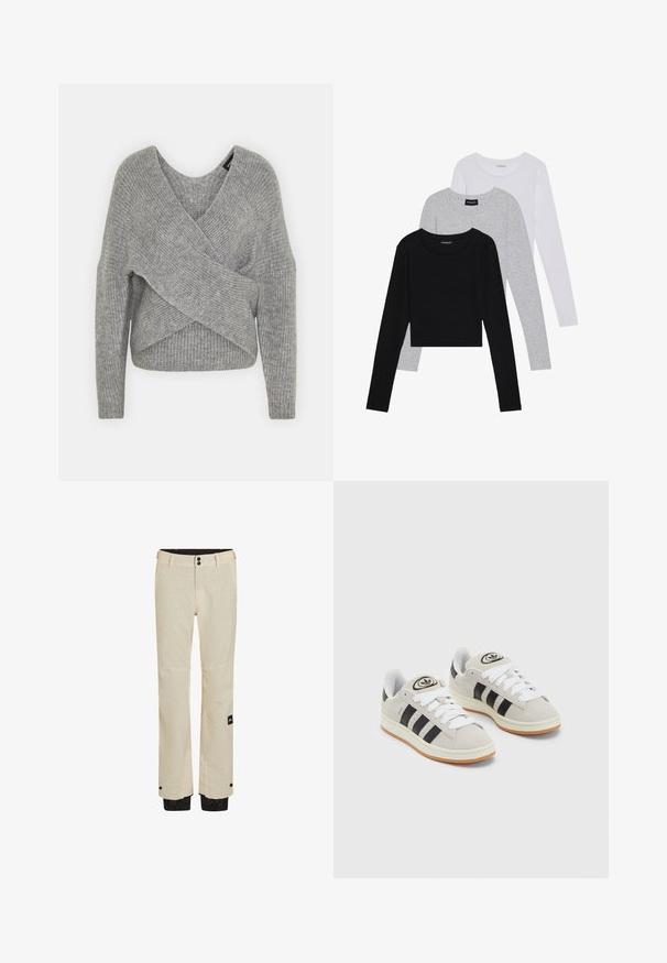 Gray wrap sweater with a deep V-neck, long sleeves, and ribbed texture. Made from a soft knit material with a layered, asymmetrical design.; Three long-sleeve tops stacked: black, grey, and white. Each has a round neckline and a cropped design with smooth, lightweight fabric.; Beige ski pants with a subtle textured pattern, zippered cuffs, and black accents at the hem. Features two buttons at the waist.; Gray suede sneakers with white laces, black stripes, and a white rubber sole. Features a circular logo on the tongue and a gum sole.