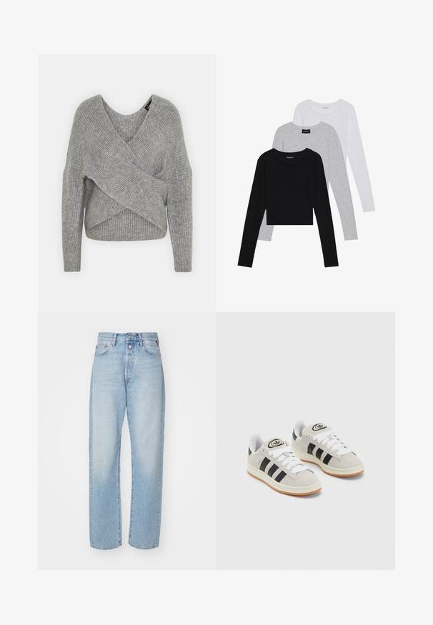 Pelēka apvalka džemperis ar dziļu V veida kakla izgriezumu, garām piedurknēm un ribu tekstūru. Izgatavots no mīksta adījuma materiāla ar slāņotu, asimetrisku dizainu.; Trīs garām piedurknēm veidotas augšdaļas, sakrautās: melna, pelēka un balta. Katram ir noapaļots kakla izgriezums un īsa dizaina forma ar gludu, vieglu audumu.; Gaiši zili taisnu kāju džinsi, kas izgatavoti no denima, ar augstu jostasvietu, piecu kabatu dizainu un pogu aizdari.; Pelēkas zamšādas kedas ar baltām saites, melnām svītrām un baltu gumijas zoli. Raksturīga apļa logo uz mēles un gumijas zole.