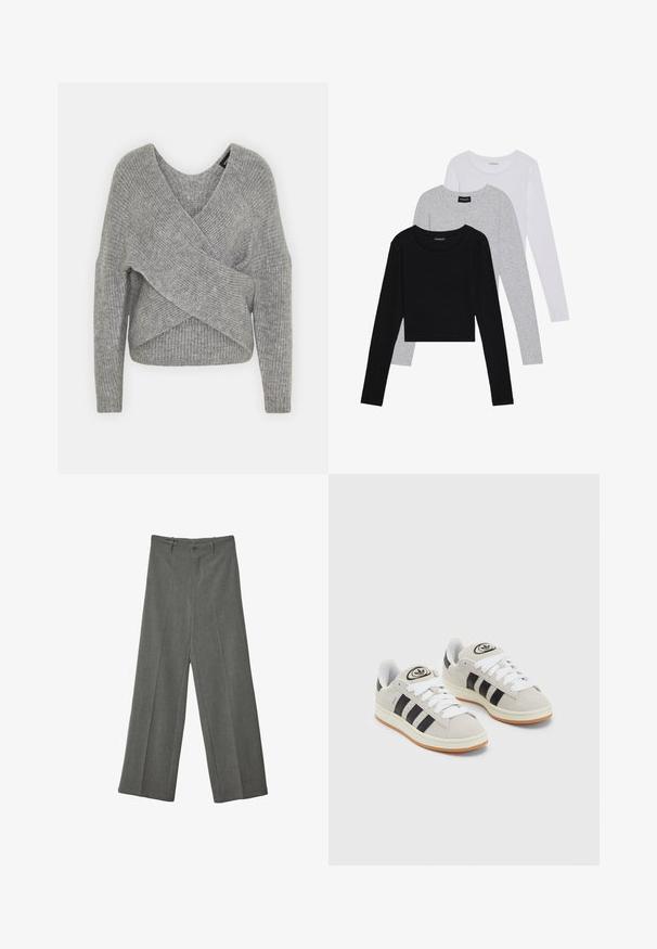 Gray wrap sweater with a deep V-neck, long sleeves, and ribbed texture. Made from a soft knit material with a layered, asymmetrical design.; Three long-sleeve tops stacked: black, grey, and white. Each has a round neckline and a cropped design with smooth, lightweight fabric.; Gray wide-leg trousers made of textured fabric, featuring a front crease and two pockets, with a single front button closure.; Gray suede sneakers with white laces, black stripes, and a white rubber sole. Features a circular logo on the tongue and a gum sole.