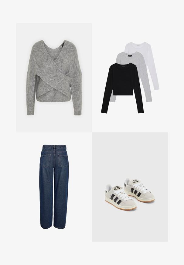 Šedý svetr s volnějším V-výstřihem, dlouhými rukávy a žebrovanou strukturou. Vyrobeno z měkké pleteniny s vrstveným, asymetrickým designem.; Tři trička s dlouhým rukávem naskládaná na sobě: černé, šedé a bílé. Každé má kulatý výstřih a kratší střih z hladkého, lehkého materiálu.; Modré džíny z denimu s vysokým pasem, širokými nohavicemi a dvěma zadními kapsami. Švy jsou viditelné podél švů a pasu.; Šedé semišové tenisky s bílými tkaničkami, černými pruhy a bílou gumovou podrážkou. Mají kulaté logo na jazyku a gumovou podrážku.