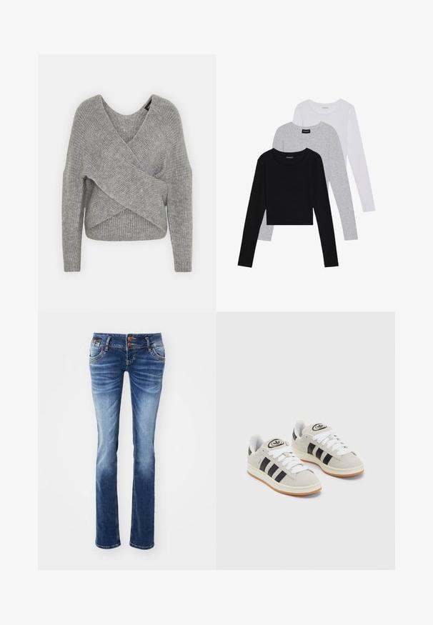 Pilkas aptraukiamas megztinis su giliu V formos iškirpimu, ilgomis rankovėmis ir riešutiniu tekstūru. Pagamintas iš minkštos megztos medžiagos su sluoksniuota, asimetrine konstrukcija.; Trijų ilgomis rankovėmis marškinėlių krūva: juodas, pilkas ir baltas. Kiekvienas turi apvalų iškirpimą ir trumpą dizainą, pagamintas iš lygaus, lengvo audinio.; Džinsai, kurių spalva pereina nuo šviesiai mėlynos iki tamsiai mėlynos, su klasikinio penkių kišenių dizainu, metaliniais mygtukais ir tiesiomis kojomis.; Grynos zomšos sneakeriai su baltais raišteliais, juodomis juostelėmis ir balta gumine sole. Turintys apskritą logotipą ant liežuvėlio ir guminę sole.