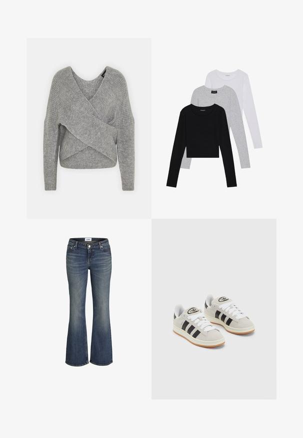Grå omslagssweater med dyp V-hals, lange ermer og ribbestruktur. Laget av et mykt strikket materiale med et lagdelt, asymmetrisk design.; Tre lange ermer t-skjorter stablet: svart, grå og hvit. Hver har en rund hals og et kort design med glatt, lett stoff.; Blå denim jeans med lett falming på lår og knær, frontknapp og glidelås, med bootcut benstil.; Grå semsket sneakers med hvite lisser, svarte striper og en hvit gummisåle. Har en sirkulær logo på tungen og en gummisåle.