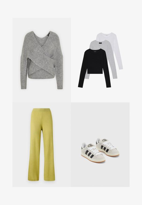 Grå omslagssweater med dyp V-hals, lange ermer og ribbestruktur. Laget av et mykt strikket materiale med et lagdelt, asymmetrisk design.; Tre lange ermer t-skjorter stablet: svart, grå og hvit. Hver har en rund hals og et kort design med glatt, lett stoff.; Gule ribbede strikkede bukser med avslappet passform, vide ben og elastisk midje. Teksturen ser myk og elastisk ut.; Grå semsket sneakers med hvite lisser, svarte striper og en hvit gummisåle. Har en sirkulær logo på tungen og en gummisåle.