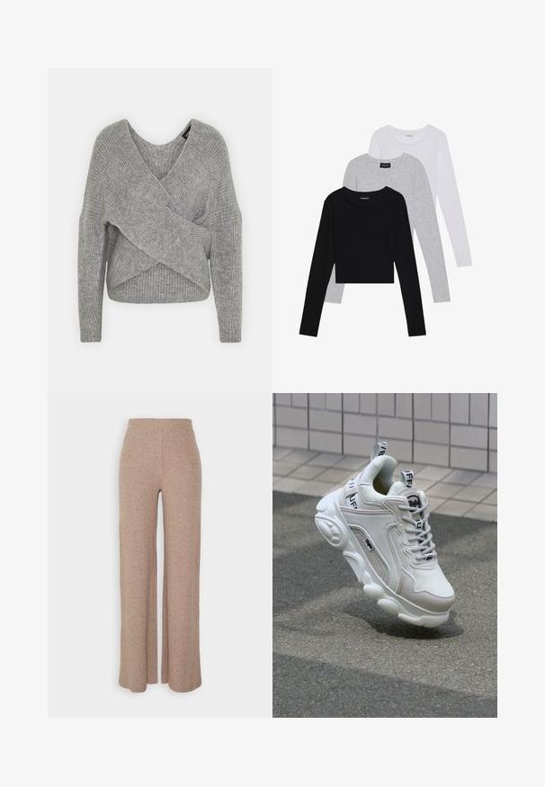 Grau umwickelter Pullover mit tiefem V-Ausschnitt, langen Ärmeln und gerippter Textur. Hergestellt aus einem weichen Strickmaterial mit einem geschichteten, asymmetrischen Design.; Drei langärmelige Oberteile gestapelt: schwarz, grau und weiß. Jedes hat einen runden Halsausschnitt und ein kurzes Design aus glattem, leichtem Stoff.; Beige, gerippte, weit geschnittene Hose mit hohem Bund und weicher Textur, die eine lockere Passform und keine sichtbaren Verschlüsse hat.; Weißer Sneaker aus Mesh- und Ledermaterialien, mit rundem Zehenbereich, dicker Sohle, auffälligen Schnürsenkeln sowie Branding an der Ferse und der Zunge.