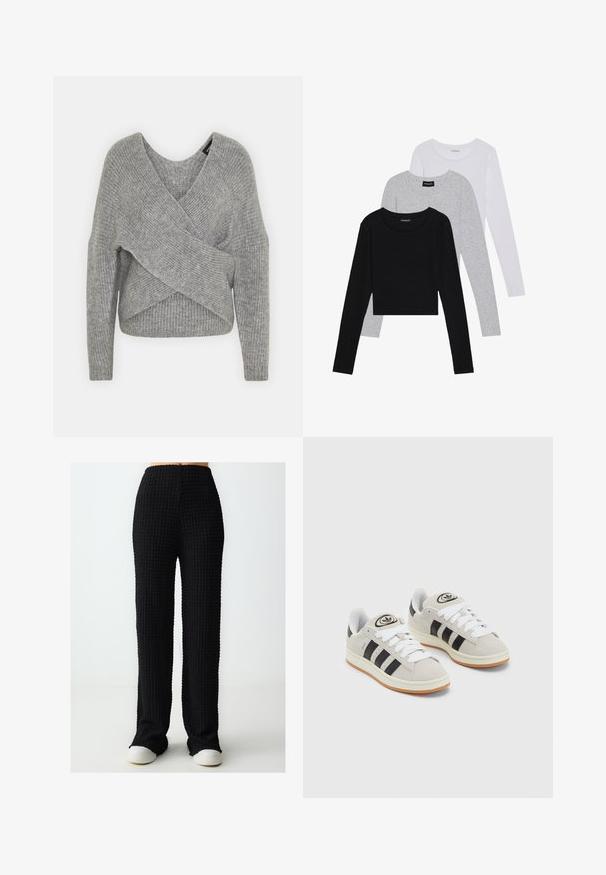 Maglione avvolgente grigio con scollatura a V profonda, maniche lunghe e texture a coste. Realizzato in un morbido materiale in maglia con un design asimmetrico a strati.; Tre magliette a maniche lunghe impilate: nera, grigia e bianca. Ognuna ha un colletto rotondo e un design accorciato con tessuto morbido e leggero.; Pantaloni neri, a trama, a gamba larga con vita alta e fascia elastica in vita. Il tessuto presenta un motivo a griglia. Abbinati con sneaker bianche.; Sneakers in suede grigio con lacci bianchi, strisce nere e suola in gomma bianca. Presentano un logo circolare sulla linguetta e una suola in gomma.
