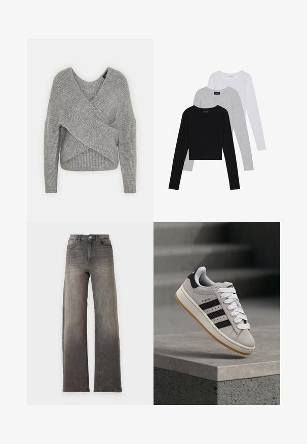 Harmaa neulejakku, jossa on syvä V-kaula-aukko, pitkät hihat ja ribboitu pinta. Valmistettu pehmeästä neuloksesta, jossa on kerroksellinen ja epäsymmetrinen muotoilu.; Kolme pitkähihasta paita päällekkäin: musta, harmaa ja valkoinen. Jokaisessa on pyöreä pääntie ja lyhennetty muotoilu, jossa on sileä ja kevyt kangas.; Vaaleanharmaat korkeavyötäröiset farkut, joissa on väljä ja leveä lahje. Ominaisuuksina perinteinen viisi-taskuinen muotoilu ja hieman haalistunut pinta.; Harmaa Adidas Campus -tennari mustilla raidoilla ja valkoisilla nauhoilla leijumassa betonikaiteen yläpuolella, taustalla portaat.