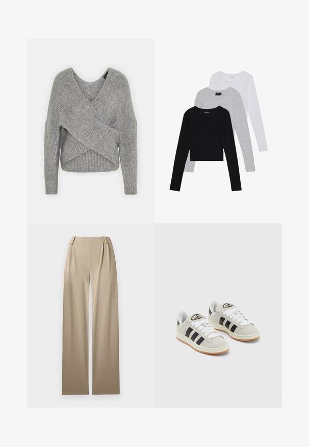 Suéter cinza envolvente com um decote em V profundo, mangas longas e textura canelada. Feito de um material de malha suave com um design assimétrico em camadas.; Três camisetas de manga longa empilhadas: preta, cinza e branca. Cada uma tem um decote redondo e um design cropped, feitas de um tecido leve e suave.; Calças largas bege com uma textura suave, apresentando dois botões decorativos na cintura e pregas subtis para um detalhe extra.; Tênis de camurça cinza com atacadores brancos, riscas pretas e uma sola de borracha branca. Apresenta um logótipo circular na língua e uma sola de borracha.