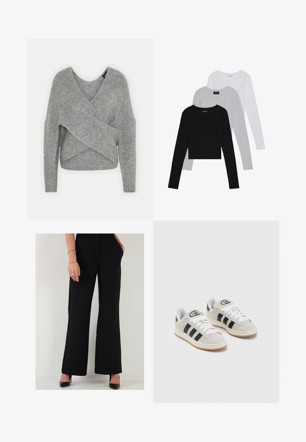 Maglione avvolgente grigio con scollatura a V profonda, maniche lunghe e texture a coste. Realizzato in un morbido materiale in maglia con un design asimmetrico a strati.; Tre magliette a maniche lunghe impilate: nera, grigia e bianca. Ognuna ha un colletto rotondo e un design accorciato con tessuto morbido e leggero.; Pantaloni neri a gamba larga realizzati in tessuto morbido, con tasche frontali, dotati di una vita aderente e chiusura con bottone sul davanti.; Sneakers in suede grigio con lacci bianchi, strisce nere e suola in gomma bianca. Presentano un logo circolare sulla linguetta e una suola in gomma.