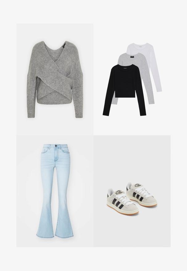 Suéter cinza envolvente com um decote em V profundo, mangas longas e textura canelada. Feito de um material de malha suave com um design assimétrico em camadas.; Três camisetas de manga longa empilhadas: preta, cinza e branca. Cada uma tem um decote redondo e um design cropped, feitas de um tecido leve e suave.; Jeans em azul claro, com corte flared, feitos de denim, apresentando uma cintura alta, cinco bolsos e fecho com zíper e um botão.; Tênis de camurça cinza com atacadores brancos, riscas pretas e uma sola de borracha branca. Apresenta um logótipo circular na língua e uma sola de borracha.