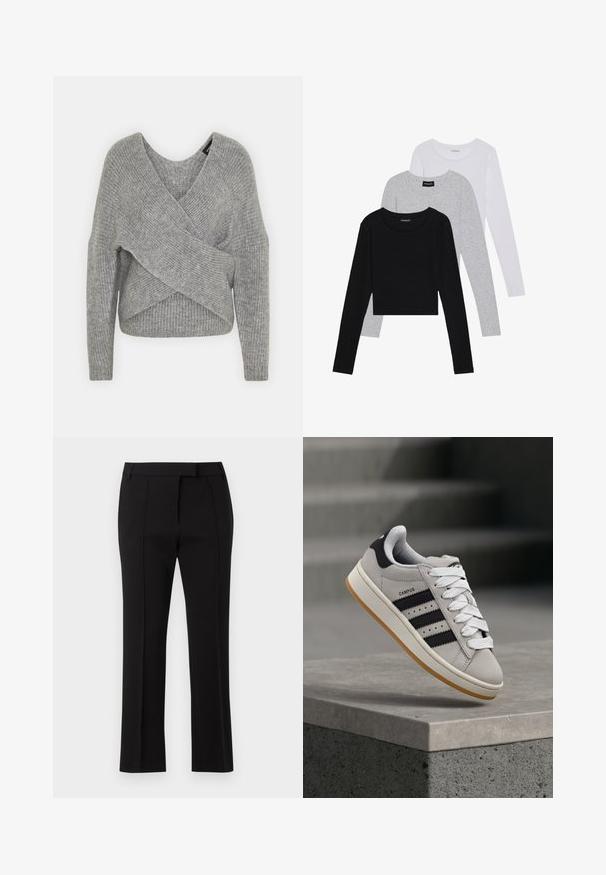 Siva omotana vestica s dubokim V-izrezom, dugim rukavima i rebrastom teksturom. Izrađena od mekog pletenog materijala s slojevitim, asimetričnim dizajnom.; Tri dugih rukava posložena: crna, siva i bijela. Svaka ima okrugli izrez i skrateni kroj s glatkom, laganom tkaninom.; Crne krojene hlače napravljene od glatkog materijala, s umjerenim strukom, prednjim nabranjima i ravnim krojem.; Siva Adidas Campus tenisica s crnim prugama i bijelim vezicama lebdi iznad betonskog ruba s ljestvama u pozadini.