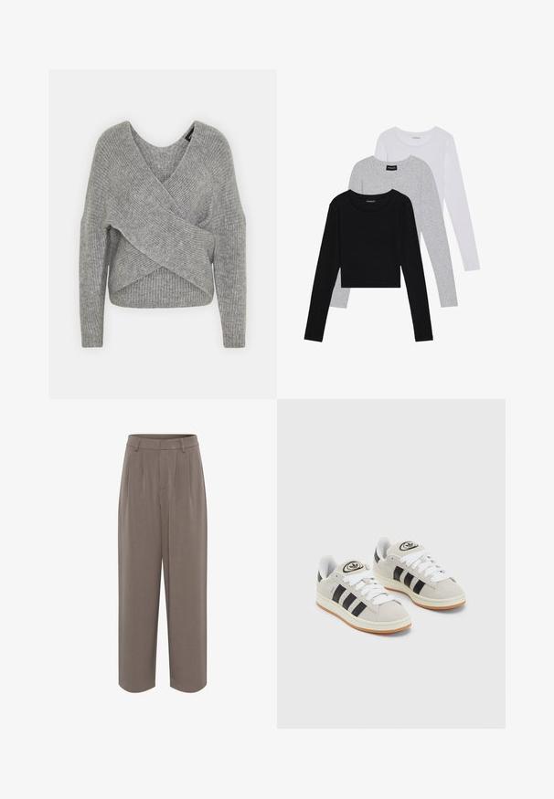 Siva ovitek pulover z globokim V-izrezom, dolgimi rokavi in ribasto teksturo. Narejen iz mehke pletene tkanine z plastnim, asimetričnim dizajnom.; Tri dolga rokava zložena: črna, siva in bela. Vsaka ima okroglo izreznico in skrajšan dizajn z gladkim, lahkotnim materialom.; Rjave široke hlače iz gladkega materiala z visokim pasom in dvema sprednjima pregiboma, ki se ponašajo s čistim, krojenim silhuetom.; Sive športne čevlje iz semiša z belimi vezalkami, črnimi črtami in belim gumijastim podplatom. Imajo okroglo oznako na ježku in podplat iz gume.
