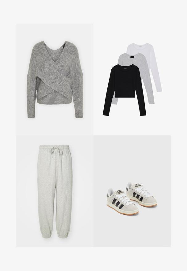 Sivý cardigan s hlbokým V- výstrihom, dlhými rukávmi a rebrovanou textúrou. Vyrobený z mäkkého pleteného materiálu s viacvrstvovým, asymetrickým dizajnom.; Tričko s dlhým rukávom v troch farbách: čiernej, sivej a bielej. Každé má okrúhly výstrih a skrátený strih vyrobený z hladkej, ľahkej tkaniny.; GAP BAGGY - Tepláky - light heather grey; Sivé semišové tenisky s bielymi šnúrkami, čiernymi pruhmi a bielou gumovou podrážkou. Obsahujú okrúhly logo na jazyku a gumenú podrážku.