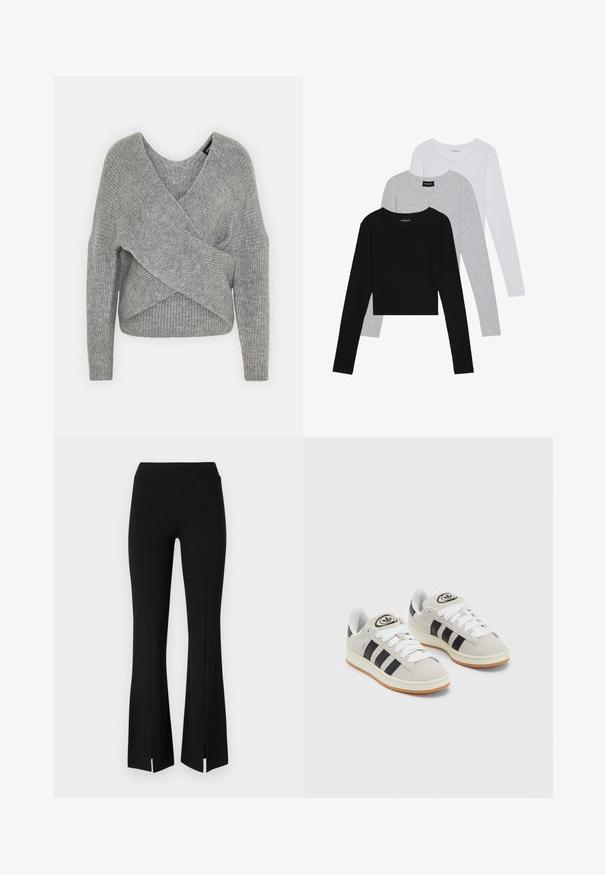 Suéter cinza envolvente com um decote em V profundo, mangas longas e textura canelada. Feito de um material de malha suave com um design assimétrico em camadas.; Três camisetas de manga longa empilhadas: preta, cinza e branca. Cada uma tem um decote redondo e um design cropped, feitas de um tecido leve e suave.; Calças pretas com flare feitas de um tecido elástico, apresentando uma cintura alta e fendas na área do tornozelo para maior detalhe e movimento.; Tênis de camurça cinza com atacadores brancos, riscas pretas e uma sola de borracha branca. Apresenta um logótipo circular na língua e uma sola de borracha.