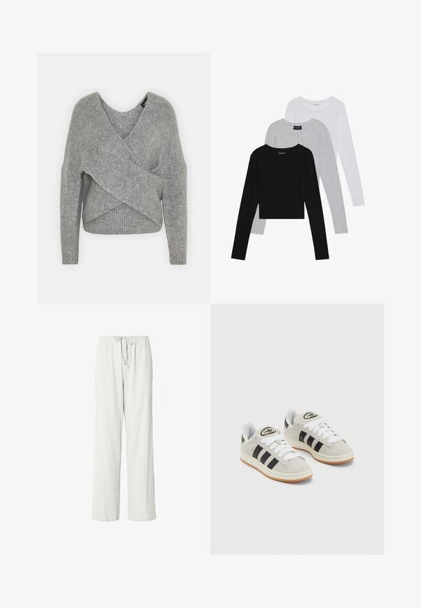 Suéter gris envolvente con un profundo escote en V, mangas largas y textura acanalada. Fabricado con un material de punto suave y un diseño asimétrico en capas.; Tres camisetas de manga larga apiladas: negra, gris y blanca. Cada una tiene un escote redondo y un diseño recortado con una tela suave y ligera.; Pantalones de pijama de color gris claro con un ajuste relajado, textura acanalada, cinturilla elástica y cordón ajustable. De longitud completa y con tejido suave.; Zapatillas de ante gris con cordones blancos, rayas negras y suela de goma blanca. Presentan un logo circular en la lengüeta y una suela de goma.