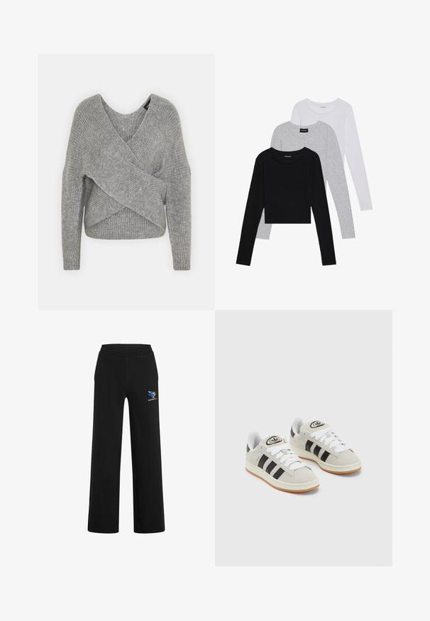 Gray wrap sweater with a deep V-neck, long sleeves, and ribbed texture. Made from a soft knit material with a layered, asymmetrical design.; Three long-sleeve tops stacked: black, grey, and white. Each has a round neckline and a cropped design with smooth, lightweight fabric.; Black sweatpants made of soft fabric, featuring an elastic waistband, straight-leg design, and a blue and gold logo on the left side.; Gray suede sneakers with white laces, black stripes, and a white rubber sole. Features a circular logo on the tongue and a gum sole.