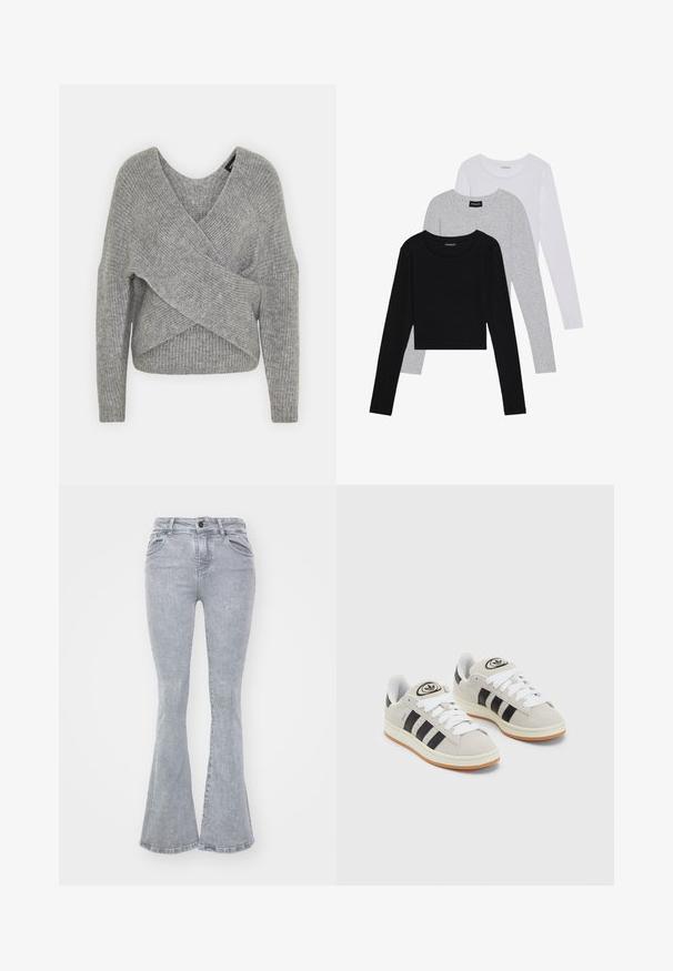 Grijze wikkeltrui met een diepe V-hals, lange mouwen en ribbelstructuur. Gemaakt van een zachte gebreide stof met een gelaagd, asymmetrisch ontwerp.; Drie langmouwige tops gestapeld: zwart, grijs en wit. Elke top heeft een ronde halslijn en een cropped ontwerp van soepel, lichtgewicht materiaal.; Grijze flared jeans van denim met een soepele textuur, met een hoge taille, vijf zakken en een knoopsluiting.; Grijze nubucklederen sneakers met witte veters, zwarte strepen en een witte rubberen zool. Bevat een rond logo op de tong en een gumzool.