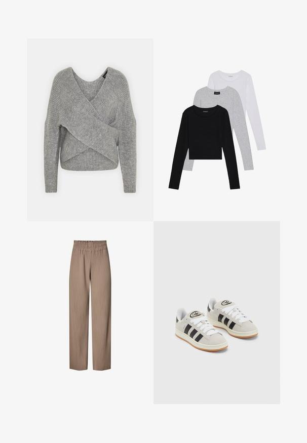 Siva omotana vestica s dubokim V-izrezom, dugim rukavima i rebrastom teksturom. Izrađena od mekog pletenog materijala s slojevitim, asimetričnim dizajnom.; Tri dugih rukava posložena: crna, siva i bijela. Svaka ima okrugli izrez i skrateni kroj s glatkom, laganom tkaninom.; Hlače širokih nogavica s plisiranjem u svijetlosmeđem materijalu s elastičnom strukom, s vertikalnim prugama za dodatnu teksturu i dizajn.; Sive suede tenisice s bijelim vezicama, crnim prugama i bijelim gumiranim potplatom. Imaju kružni logo na jeziku i gumeni potplat.