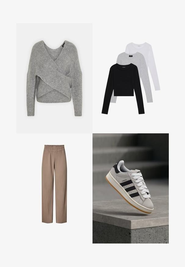 Grå omslagssweater med dyp V-hals, lange ermer og ribbestruktur. Laget av et mykt strikket materiale med et lagdelt, asymmetrisk design.; Tre lange ermer t-skjorter stablet: svart, grå og hvit. Hver har en rund hals og et kort design med glatt, lett stoff.; Plisserte vide bukser i en lys brun stoff med elastisk liv, med vertikale striper for ekstra tekstur og design.; Grå Adidas Campus-sneakers med svarte striper og hvite lisser som svever over en betongkant med trapper i bakgrunnen.