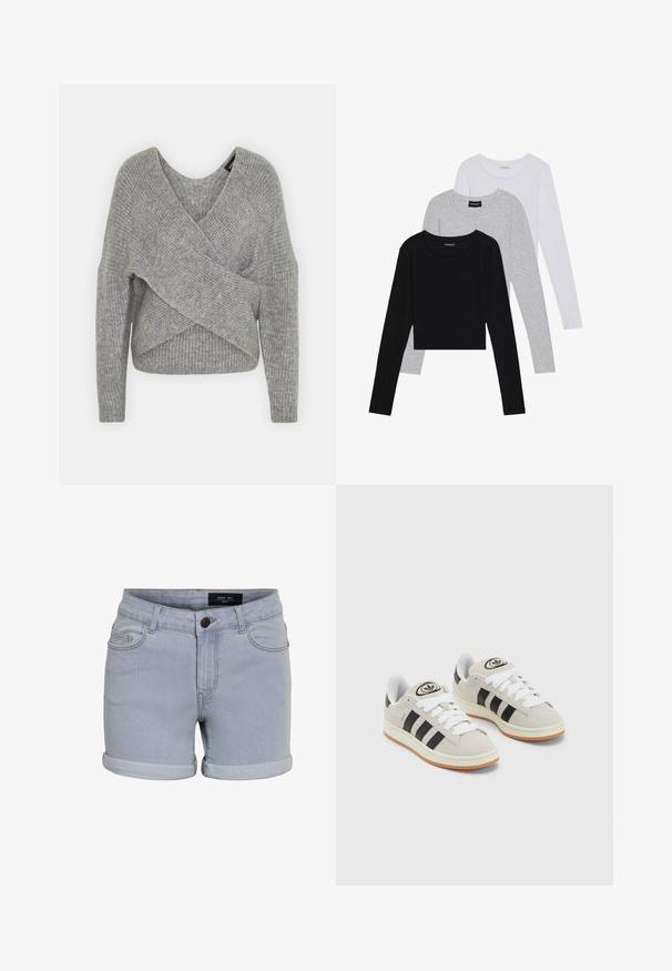 Gray wrap sweater with a deep V-neck, long sleeves, and ribbed texture. Made from a soft knit material with a layered, asymmetrical design.; Three long-sleeve tops stacked: black, grey, and white. Each has a round neckline and a cropped design with smooth, lightweight fabric.; Light blue denim shorts with a rolled hem, featuring five pockets and a button closure. The fabric has a smooth texture and subtle stitching details.; Gray suede sneakers with white laces, black stripes, and a white rubber sole. Features a circular logo on the tongue and a gum sole.