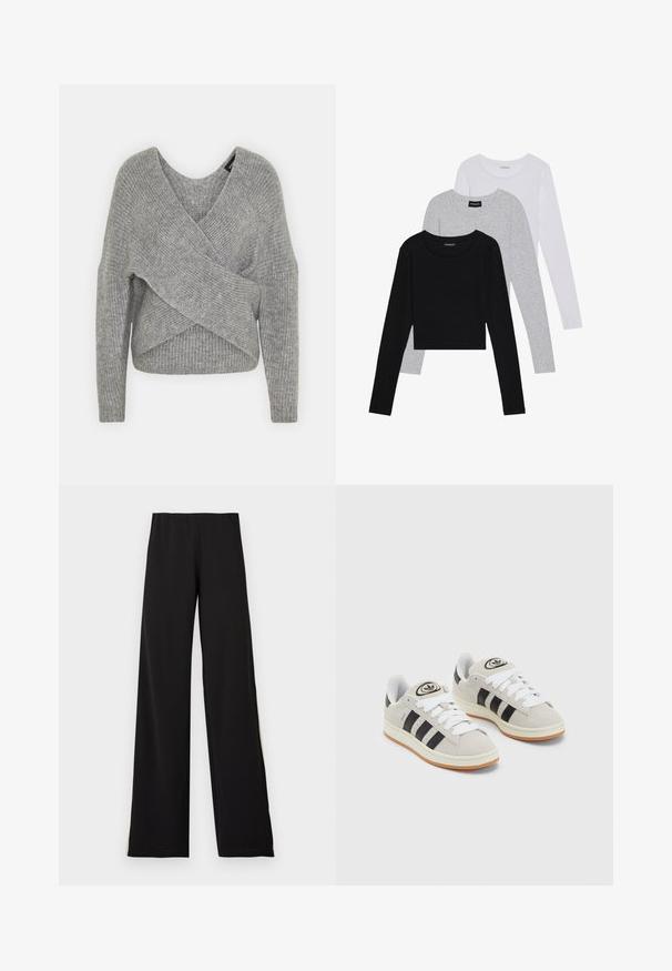 Hallide hallhargus, sügava V-kaelusega, pikkade varrukatega ja ribatrepiga. Valmistatud pehmest kudumismetallist, millel on kihiline, asümmeetriline disain.; Kolm pikkade varrukatega toppi, mis on üksteise peale asetatud: must, hall ja valge. Igal ühel on ümar kaelus ja lühike disain, valmistatud siledast, kergekaalulisest kangast.; Mustad laiad mustad püksid, mis on valmistatud pehmest kangast, omavad elastset vöökohta ja sujuvat tekstuuri, luues puhta silueti.; Hallid hallid nahkrennid valgete paeltega, mustade triipudega ja valge kummitaldiga. Omab ümmargust logo keeles ja kummitalda.