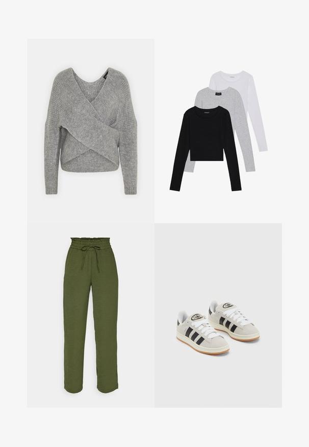 Szürke, mély V kivágású, hosszú ujjú kötött pulóver, bordás textúrával. Puha kötött anyagból készült, réteges, aszimmetrikus dizájnnal.; Három hosszú ujjú póló egymásra rakva: fekete, szürke és fehér. Mindegyiknek kerek nyaka van, és rövidített fazonnal rendelkezik, sima, könnyű anyagból készült.; VILA VITIFF STRAIGHT PANT - Nadrágok - kalamata; Szürke velúr sportcipők fehér fűzővel, fekete csíkokkal és fehér gumitalppal. A nyelvén kör alakú logó található, illetve a talpa színes gumi.