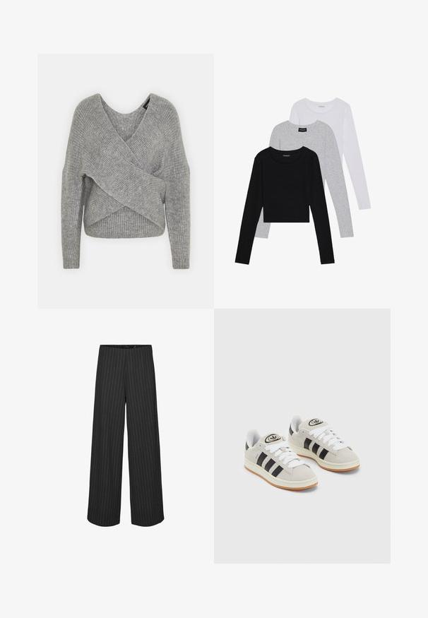 Hallide hallhargus, sügava V-kaelusega, pikkade varrukatega ja ribatrepiga. Valmistatud pehmest kudumismetallist, millel on kihiline, asümmeetriline disain.; Kolm pikkade varrukatega toppi, mis on üksteise peale asetatud: must, hall ja valge. Igal ühel on ümar kaelus ja lühike disain, valmistatud siledast, kergekaalulisest kangast.; Mustad lai jalad püksid, millel on vertikaalsed valged triibud, esitlevad isikupärase disaini ja siledat tekstuuri. Nähtavad taskud või sõlmed puuduvad.; Hallid hallid nahkrennid valgete paeltega, mustade triipudega ja valge kummitaldiga. Omab ümmargust logo keeles ja kummitalda.